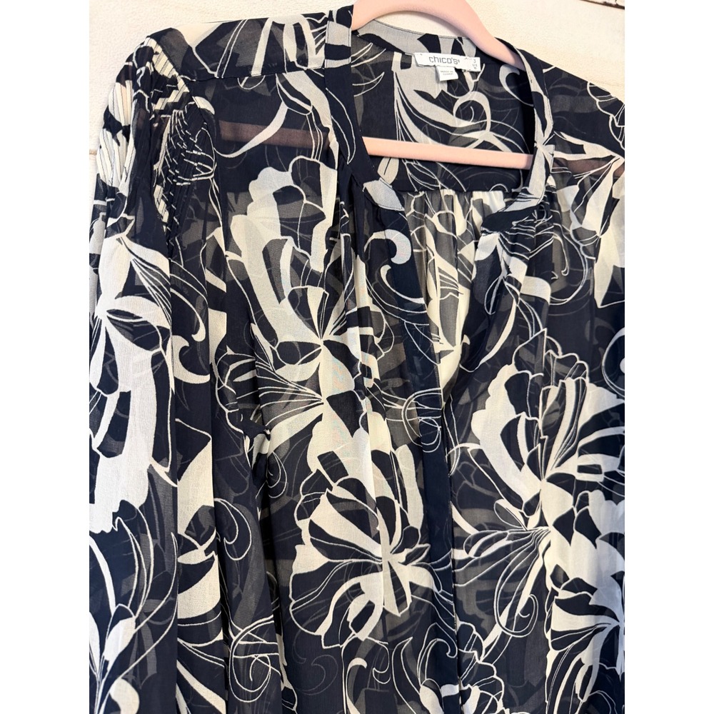 Chicos Navy White Floral Print Sheer Button Front Long Sleeve Blouse Top Size 16 - Picture 2 of 7